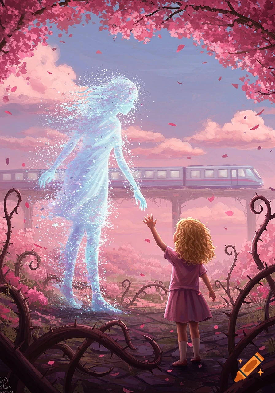 Surreal art of a child reaching for a dissolving figure amidst pink blossoms, thorny vines, and a distant train.
