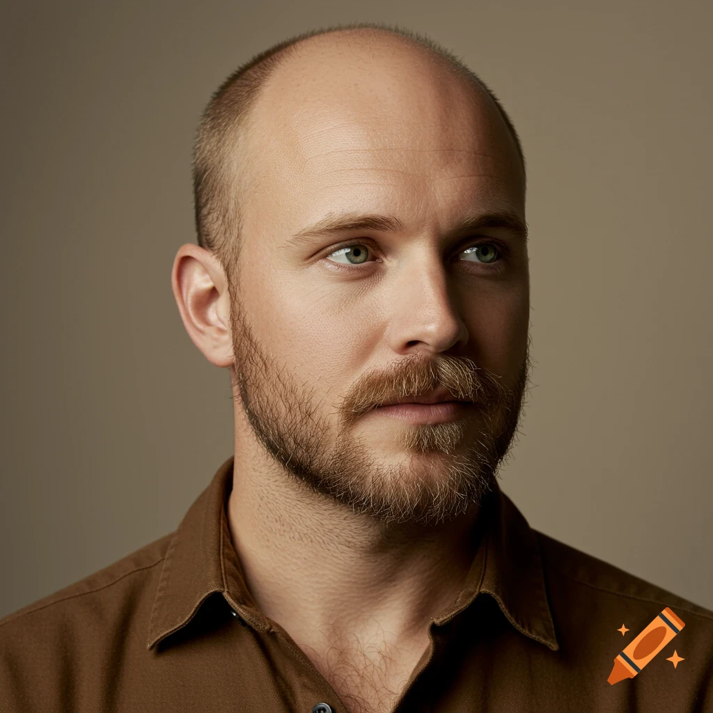 A close-up photorealistic portrait of a bald man with a beard and green eyes, wearing a brown shirt and looking to the right.