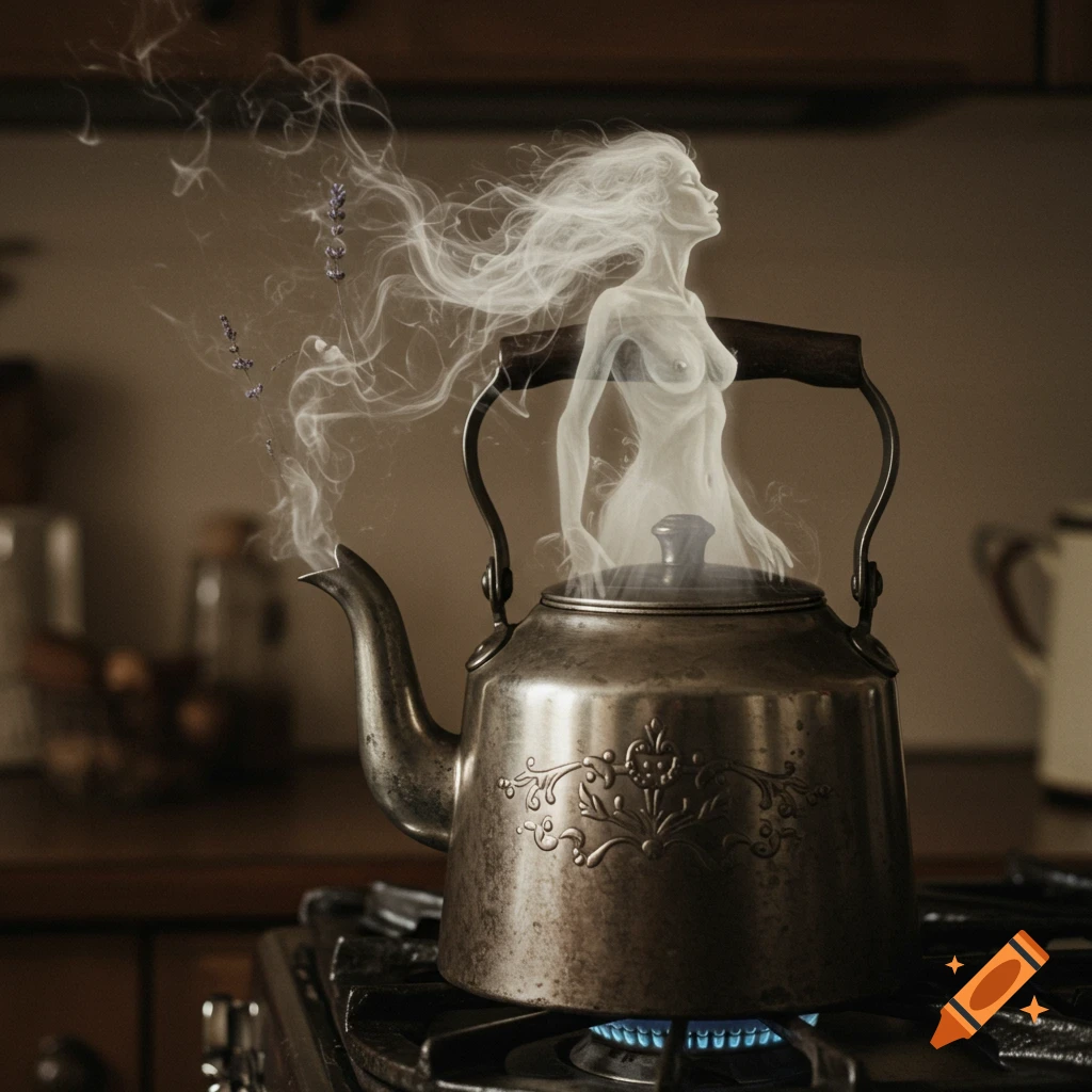 An ethereal, steam-like woman with long flowing hair emerges from a boiling vintage kettle on a stove, with lavender wisps.