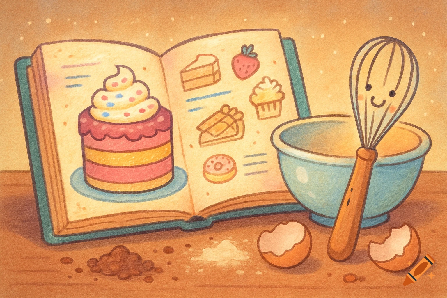 A cartoonish illustration of an open recipe book with a cake, a blue mixing bowl, a whisk with a smiley face, and cracked eggshells on a brown table.