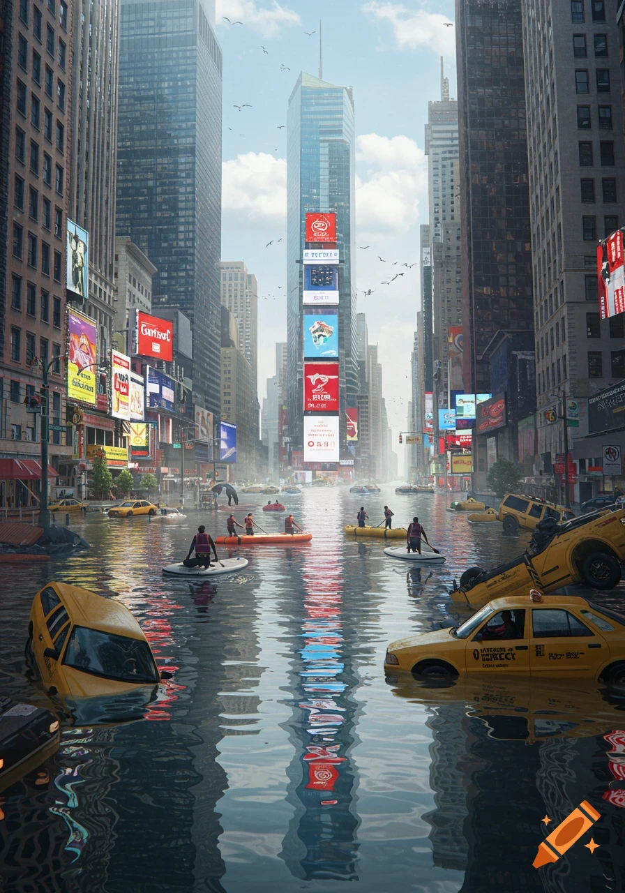 Photorealistic image of a flooded New York City street with people in boats, submerged yellow taxis, and tall buildings under a cloudy sky.