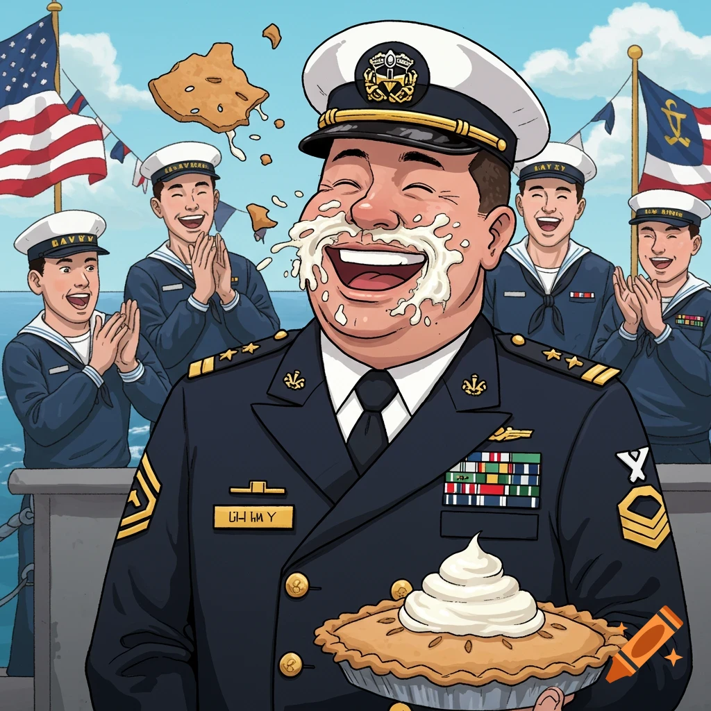 A smiling, cartoon US Navy chief officer with pie cream smeared on his face, holding a whole pie. Sailors in the background clap and laugh, with US flags flying on a ship.