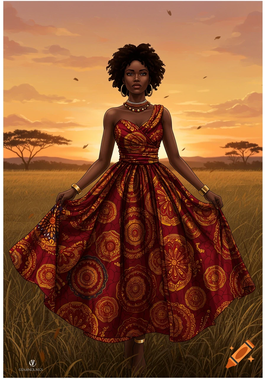 Digital illustration of an elegant Black woman in a vibrant red and gold African wax print dress, standing in a savanna at sunset.