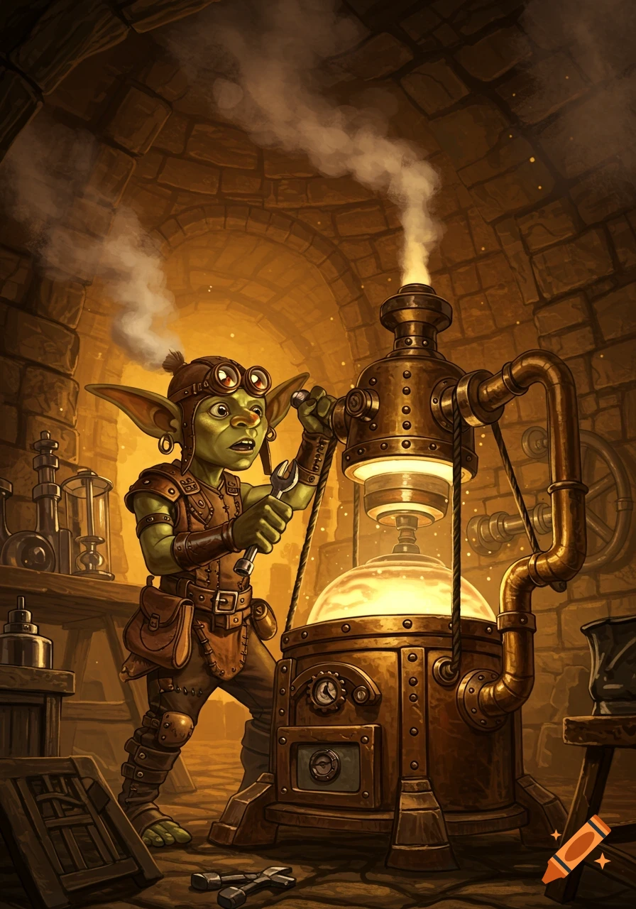 A green-skinned goblin in goggles and leather works on a steaming, brass steampunk machine in a stone workshop.