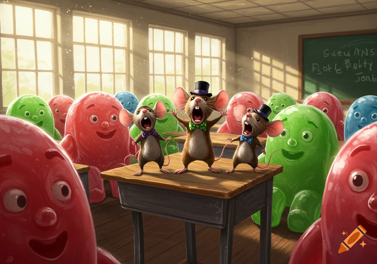 Three anthropomorphic mice in top hats and bow ties stand on a desk, screaming in a classroom filled with smiling, colorful jelly-like creatures.