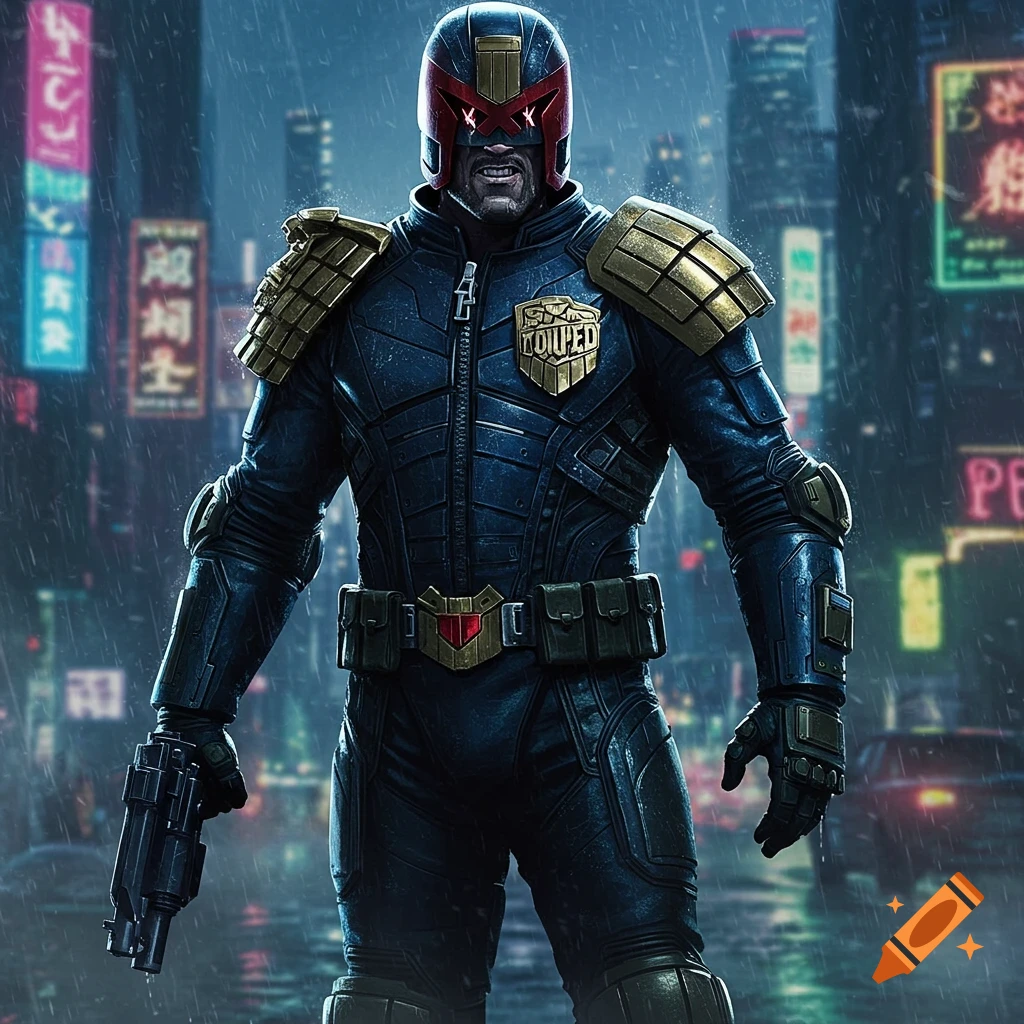 A heavily armored Judge Dredd-like character stands in a rainy, neon-lit cyberpunk city street, holding a large futuristic gun.