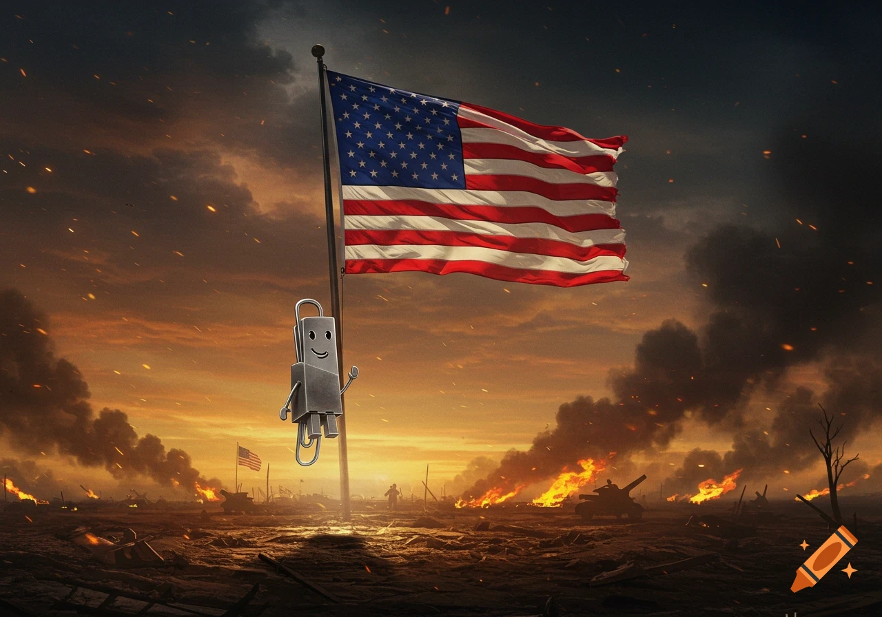 Clippy the paperclip floats on a war-torn battlefield with a large American flag and explosions under a fiery sunset.