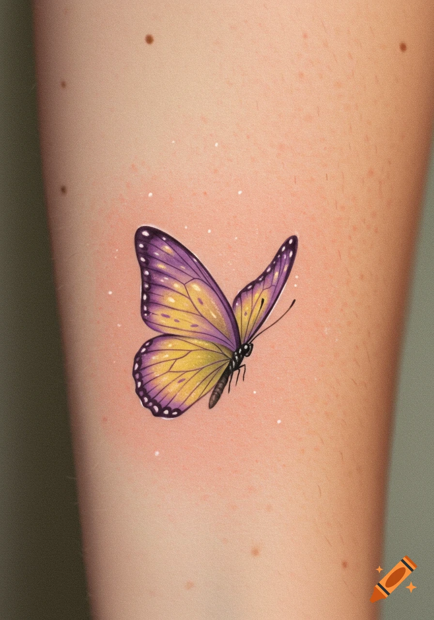 A detailed purple and yellow butterfly tattoo on skin, surrounded by subtle white sparkles.