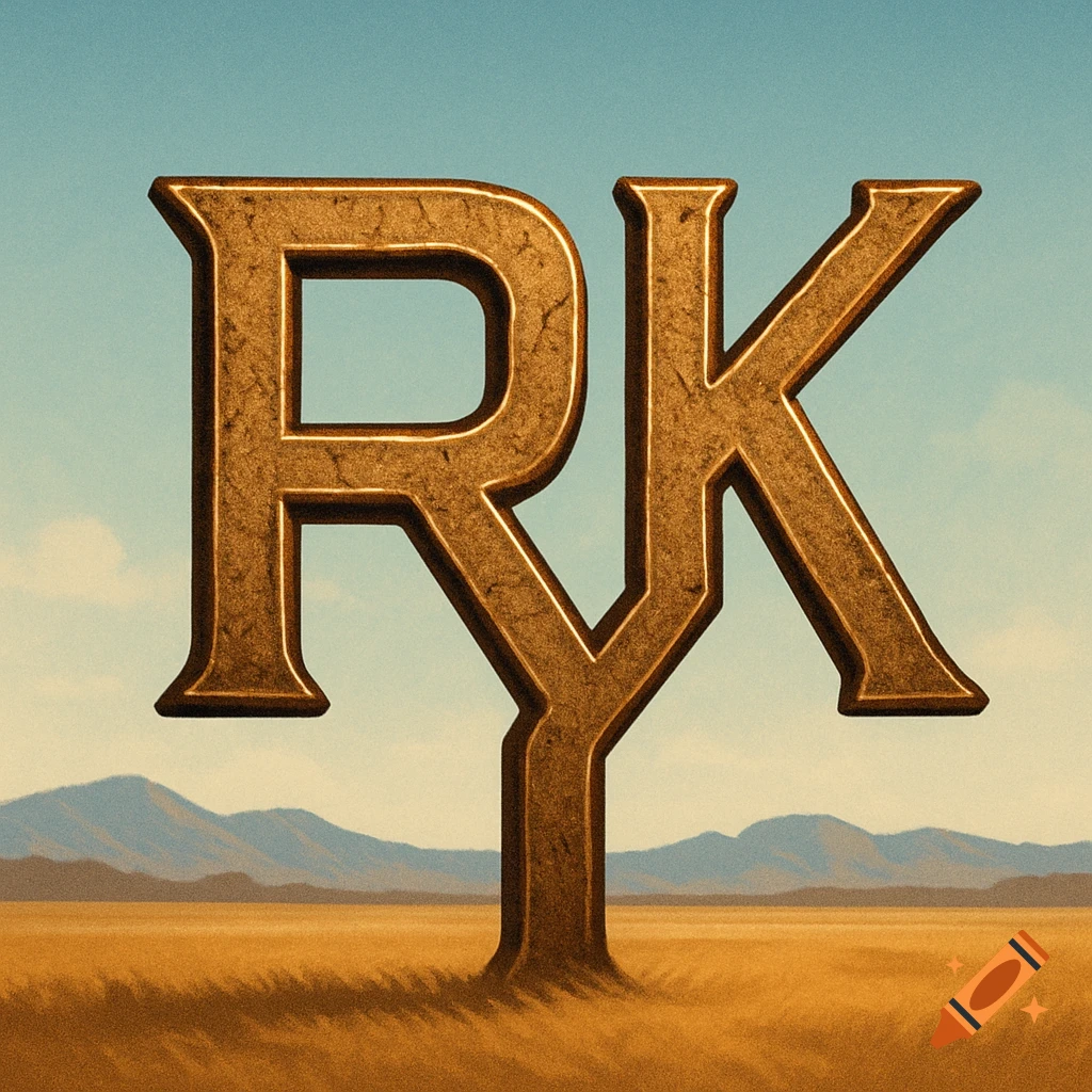 Stylized, rustic gold letters 'RK' resembling a cattle brand, rising from a grassy field with distant mountains under a blue sky.