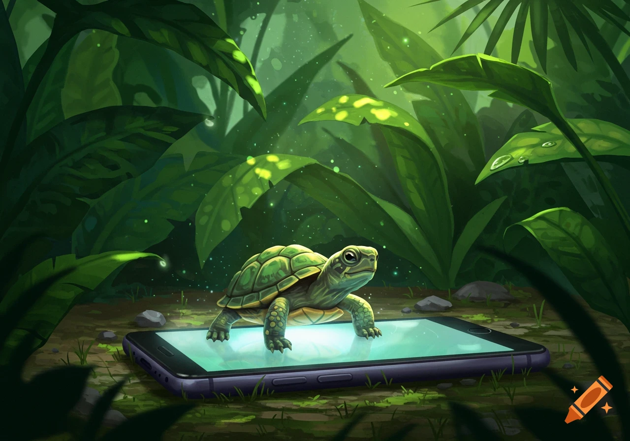 A cute green turtle stands on a glowing smartphone screen amidst lush jungle foliage in a digital art style.