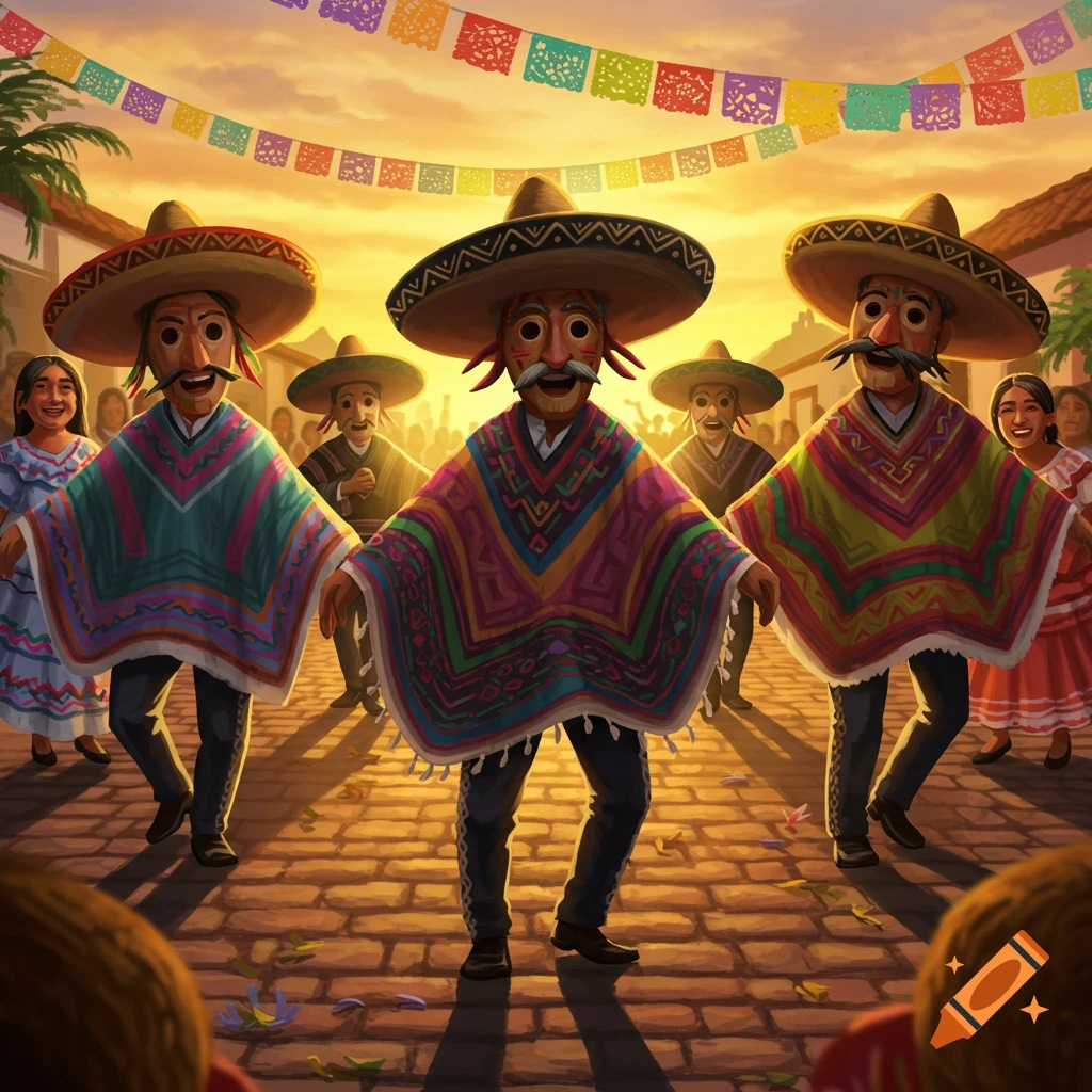 Masked dancers in colorful ponchos and sombreros perform a folk dance on a cobblestone street under sunset skies and papel picado banners.