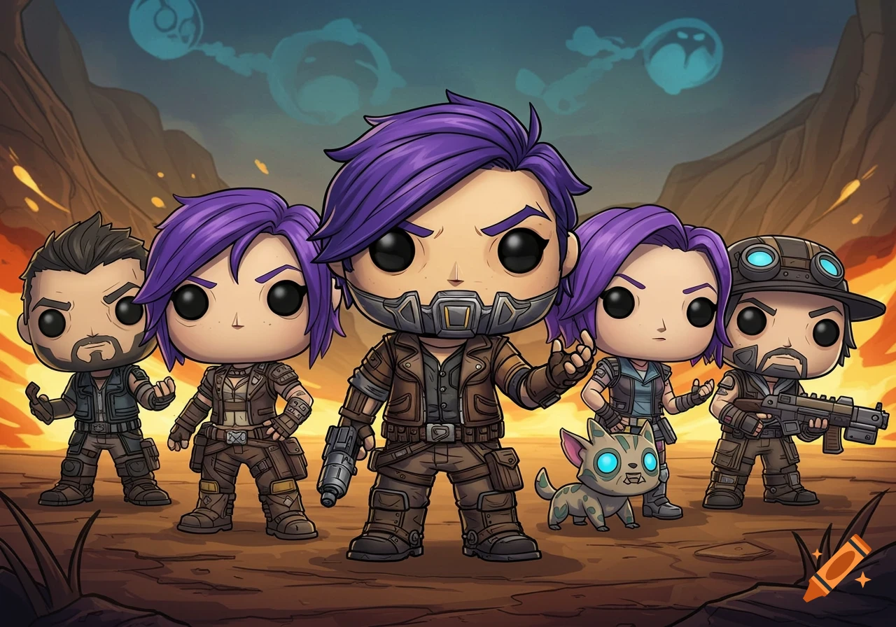 Five stylized Funko Pop-style Borderlands characters and a creature stand in a desert landscape with a fiery horizon.