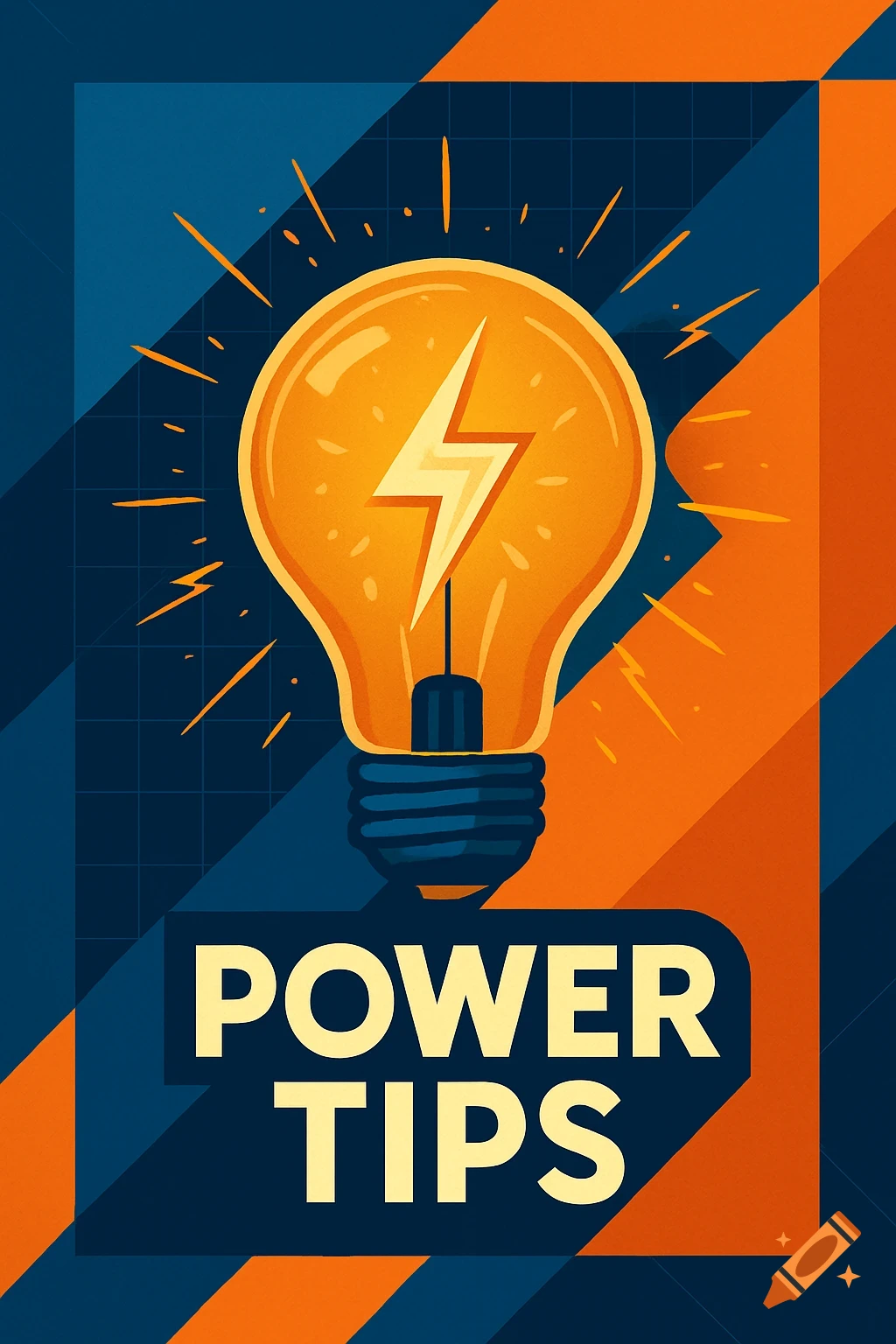 A stylized vector illustration featuring a bright orange lightbulb with a yellow lightning bolt, above the text "POWER TIPS", on a blue and orange geometric background.