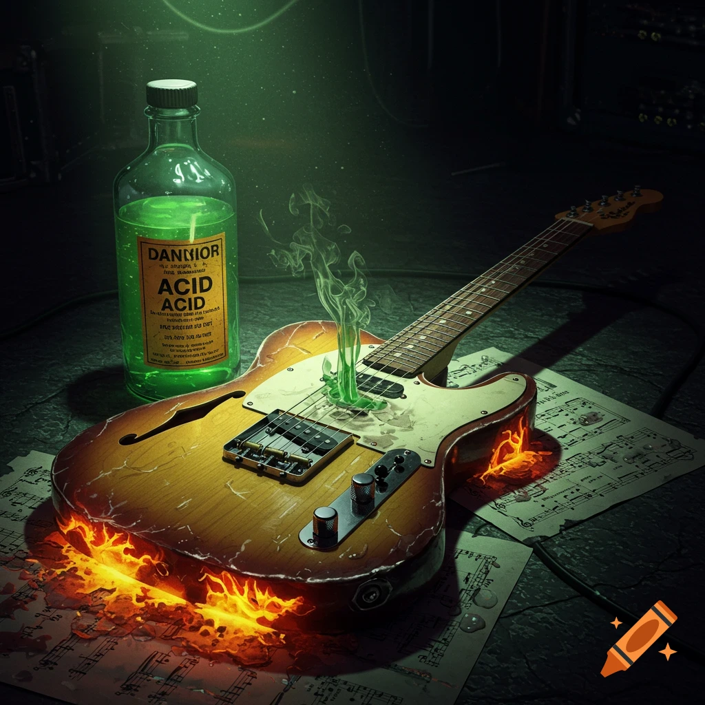 A green bottle labeled 'ACID' next to a partially melted electric guitar, with green smoke rising from the guitar and flames at its base, all resting on music sheets in a dark, atmospheric setting.
