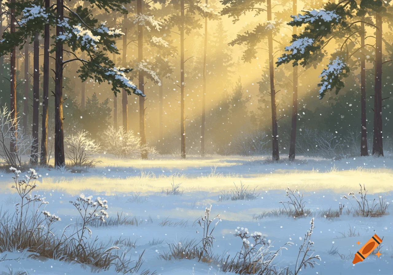 A serene, illustrative winter landscape with sunlight streaming through snow-covered pine trees onto a bright, snowy meadow.