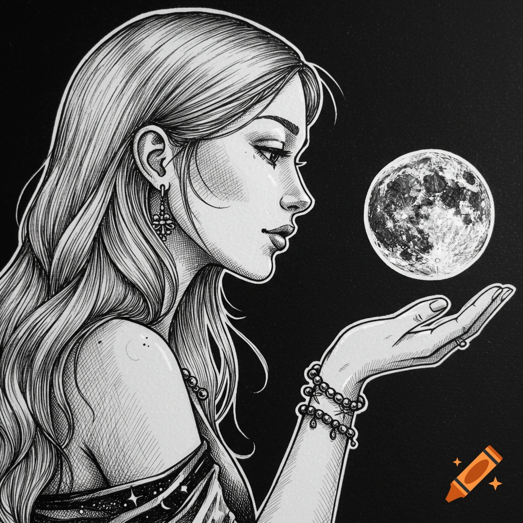 Pen and ink drawing of a woman in profile with long flowing hair, gazing at a detailed moon hovering above her open palm.