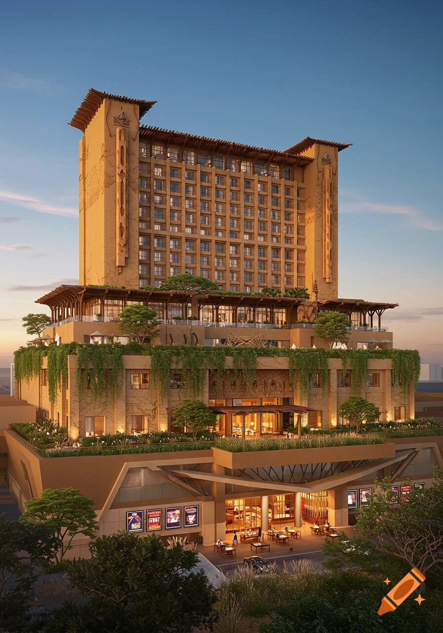 A luxurious, savanna-themed high-rise hotel with tiered levels, lush greenery, and a casino entrance at ground level, under a clear sky at dusk.