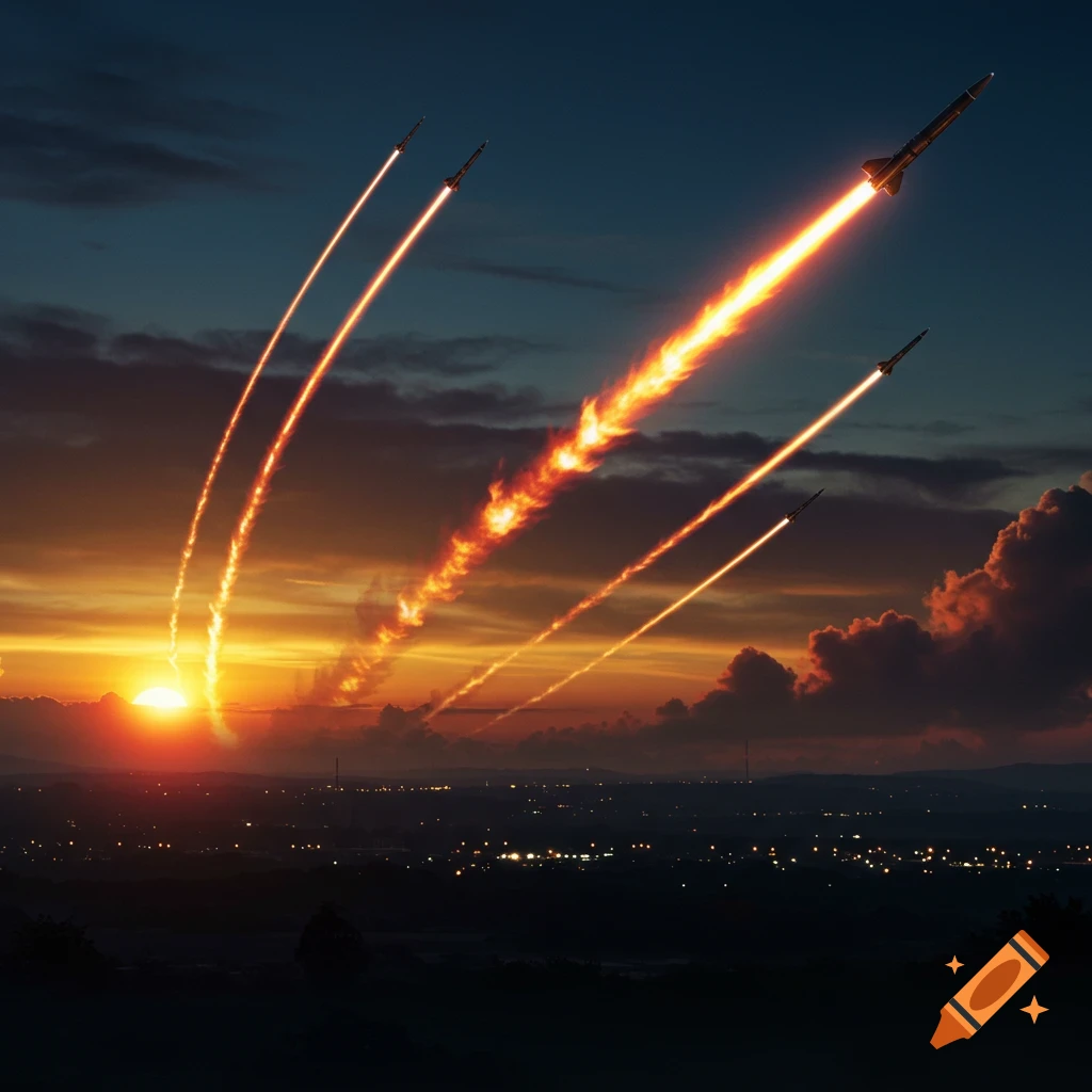 Multiple fiery rockets ascend into a dramatic sunset sky above a glowing city landscape.