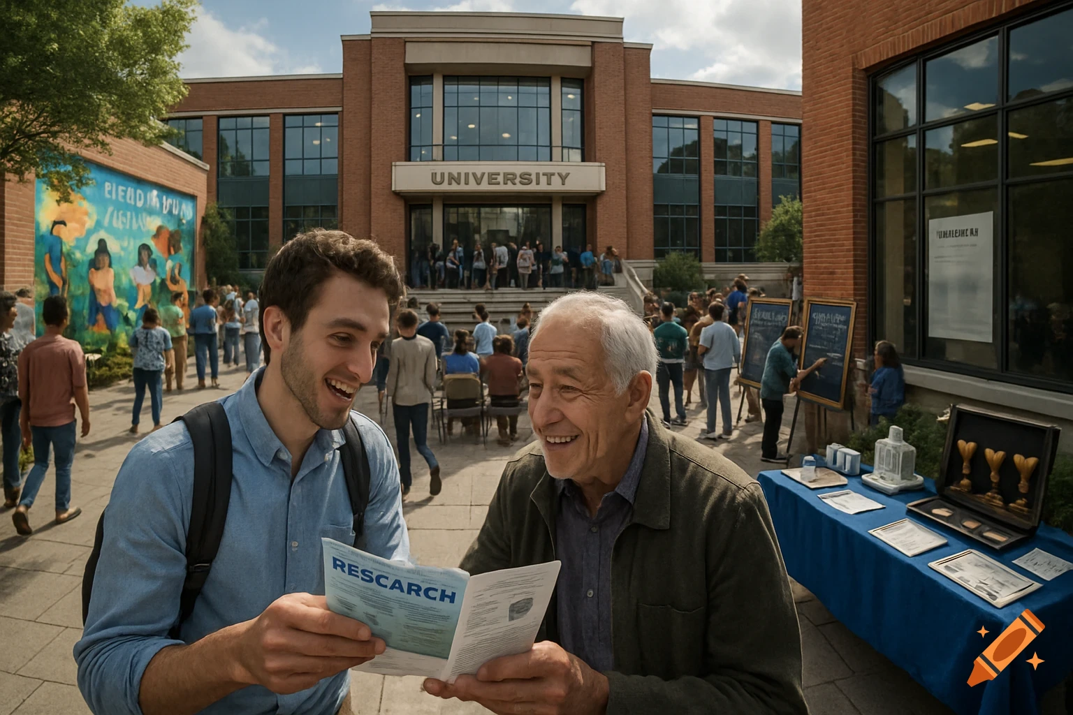 A smiling young man and an older man examine a "RESEARCH" brochure in front of a university building and a crowd of people.