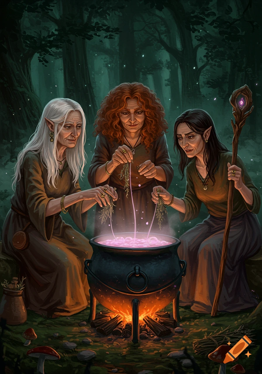 Three old elf-like women brew a glowing pink potion in a cauldron amidst a dark, mystical forest.