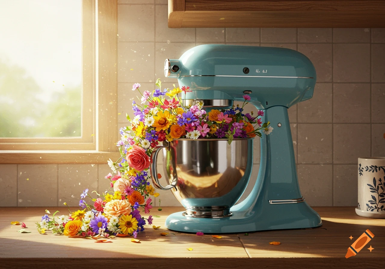 A teal kitchen stand mixer overflows with a vibrant arrangement of colorful wildflowers on a wooden counter, bathed in sunlight from a nearby window.