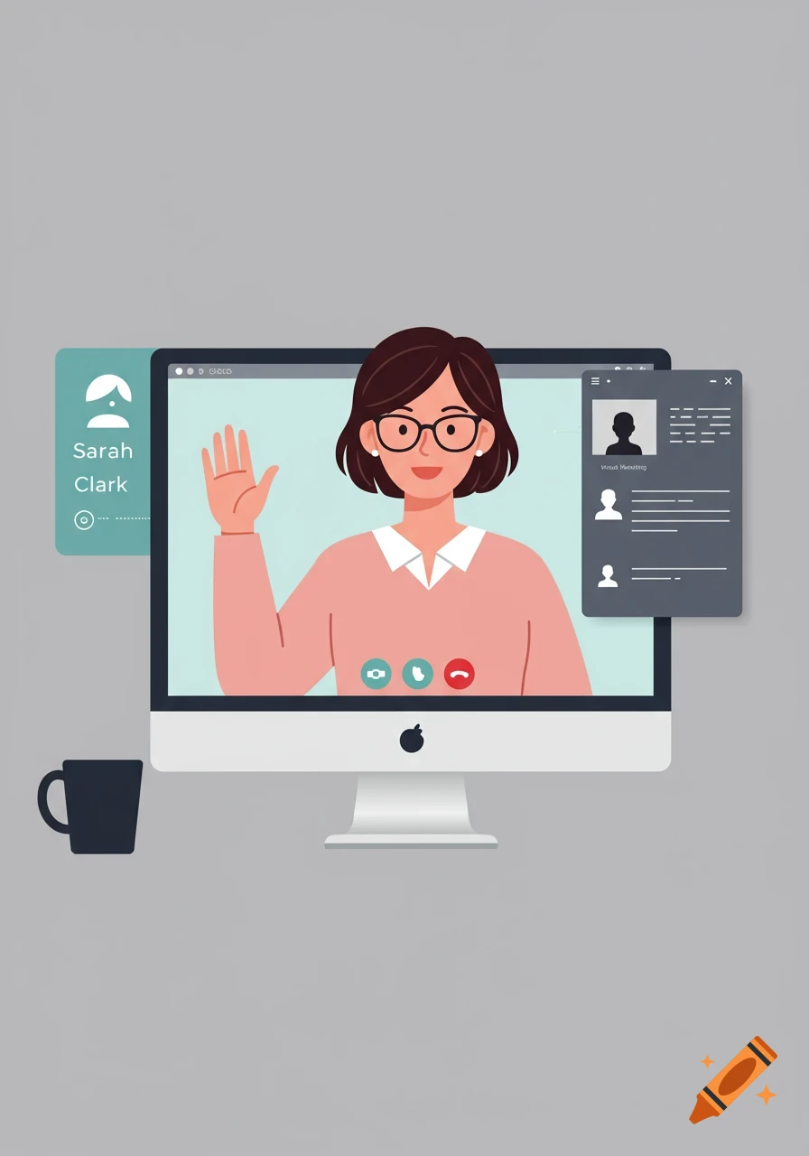 An illustration of a woman named Sarah Clark on a computer screen during a video call, waving. A coffee mug is next to the monitor.