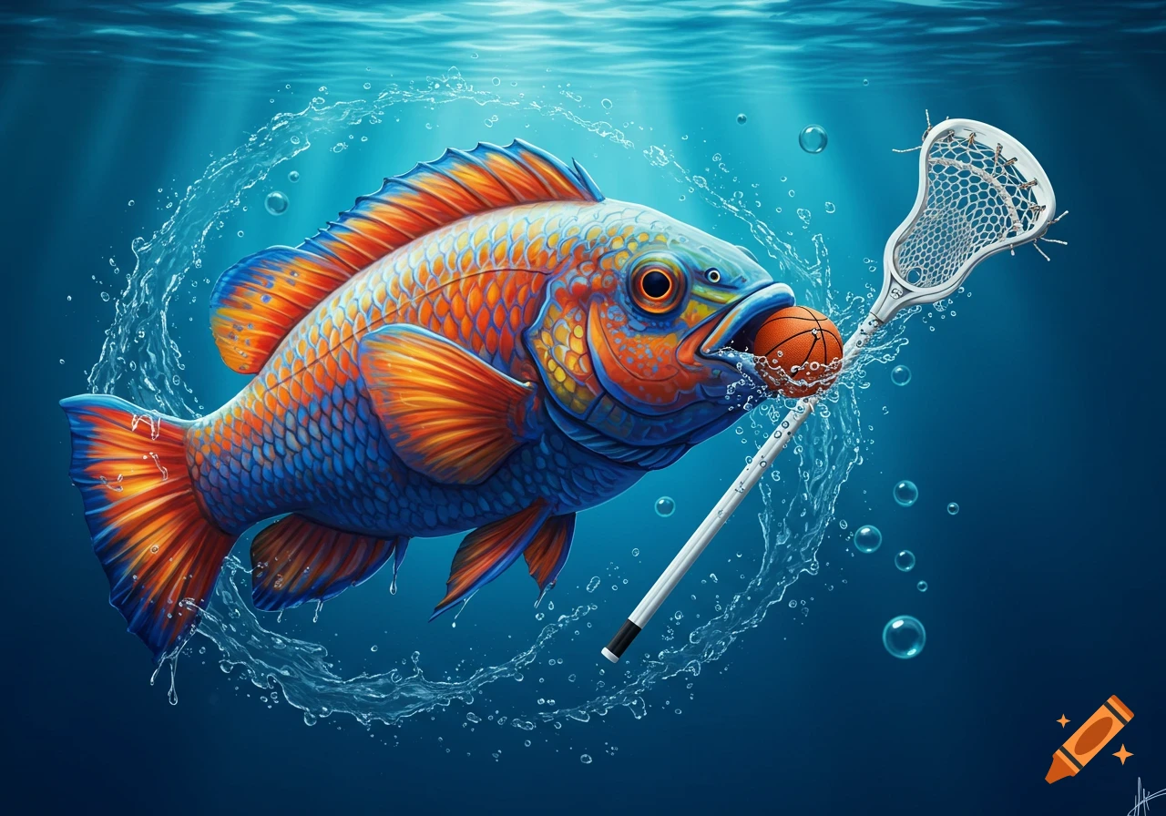Vibrant blue and orange fish holds a basketball and a lacrosse stick underwater amidst splashes and bubbles.