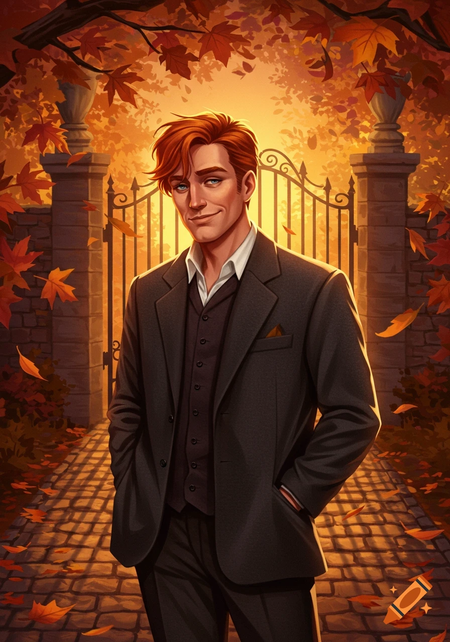 Illustrative portrait of a smug man with red hair in a suit standing in an autumn setting with golden light and falling leaves.