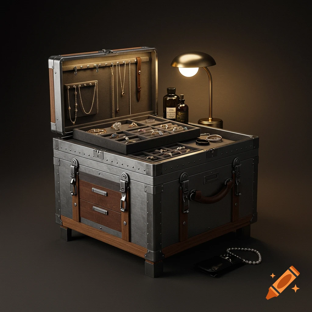 Ornate metal and wood jewelry trunk filled with necklaces and rings, with a gold lamp and bottles on a dark background.