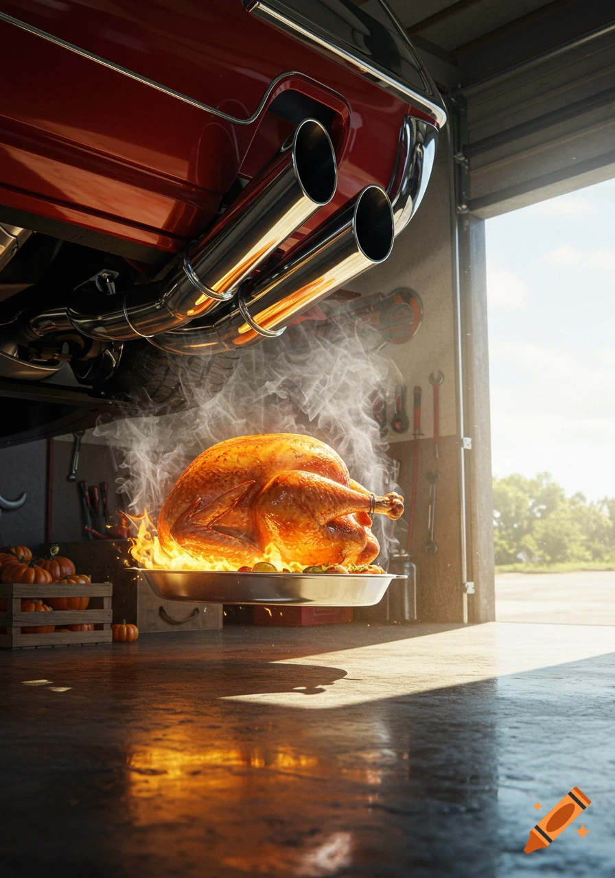 A golden-brown roasted turkey on fire, with smoke, under the chrome exhaust pipes of a red vintage car in a sunny garage.