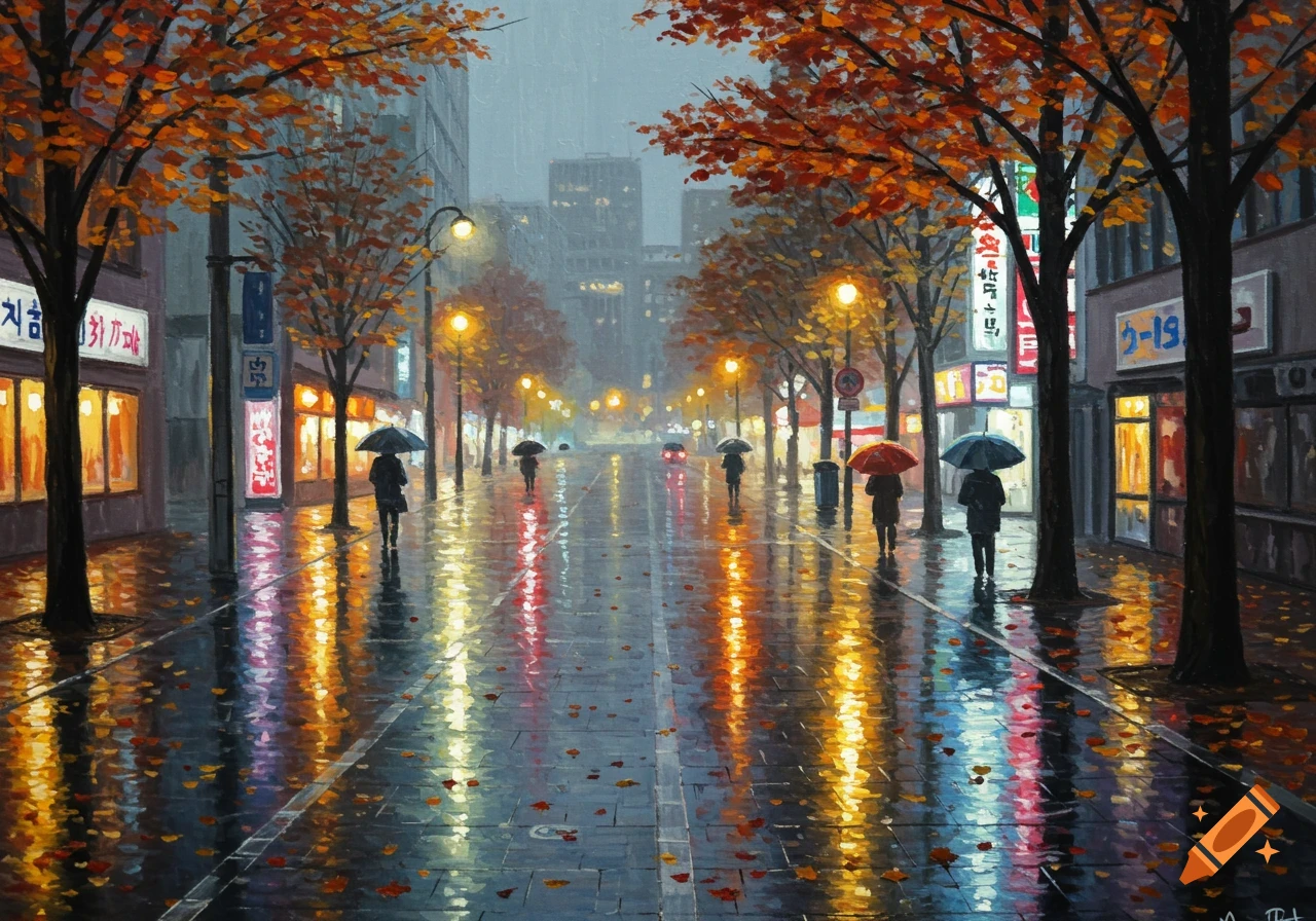 An impressionistic painting of a rainy city street at autumn evening, with people under umbrellas, glowing storefronts, and vibrant reflections.