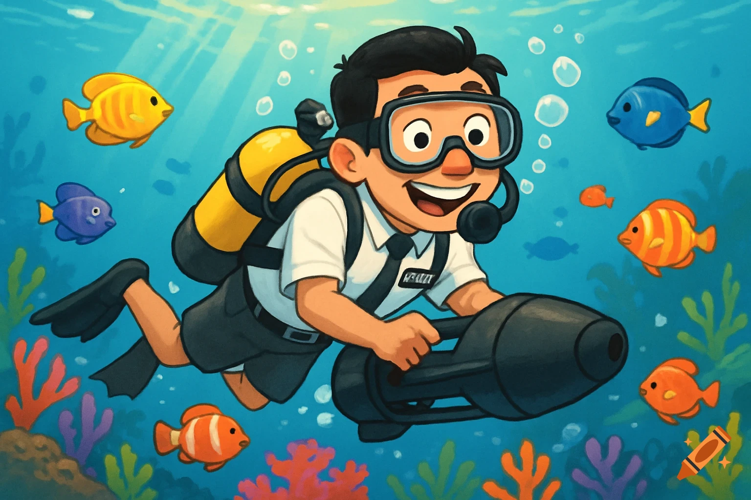 A cheerful cartoon man in scuba gear and missionary attire, including a nametag with garbled text, underwater with colorful fish and coral, riding a DPV.