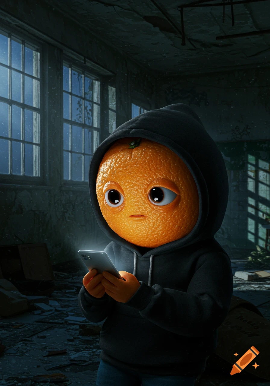 A sad anthropomorphic orange in a black hoodie looks at its glowing phone in a dark, abandoned room.