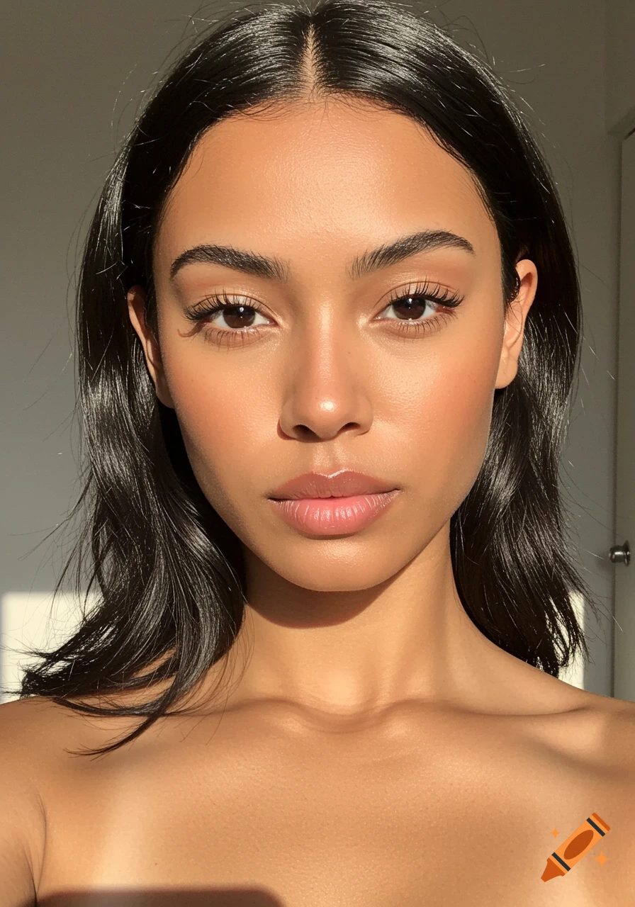 Close-up portrait of a young woman with dark hair and natural makeup, bathed in sunlight.