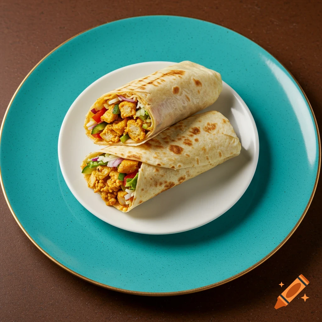 Two chicken and vegetable wraps on a white plate, set on a larger turquoise and gold plate on a brown counter.