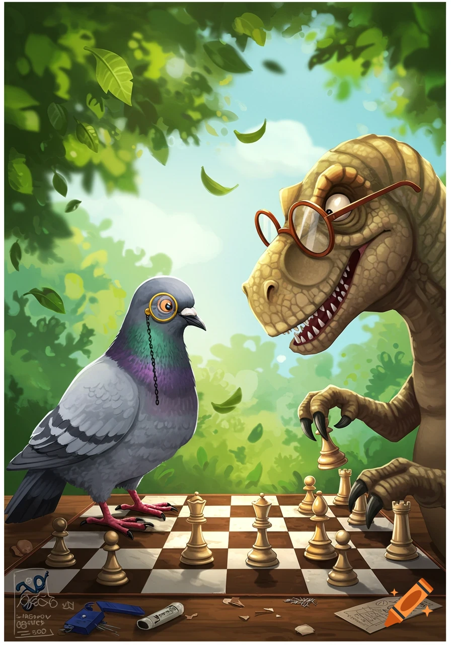 A cartoon pigeon with a monocle plays chess against a T-Rex with glasses in a vibrant green outdoor setting.
