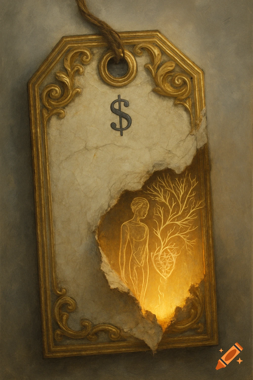 A stylized, golden-framed price tag with a dollar sign, torn to reveal a glowing silhouette of a person, a tree, and a heart.