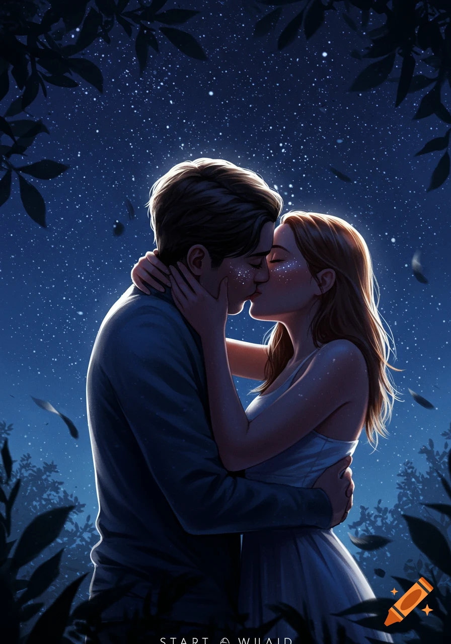 A man and a woman share a tender kiss under a luminous starry night sky, framed by dark foliage, in a romantic digital illustration.