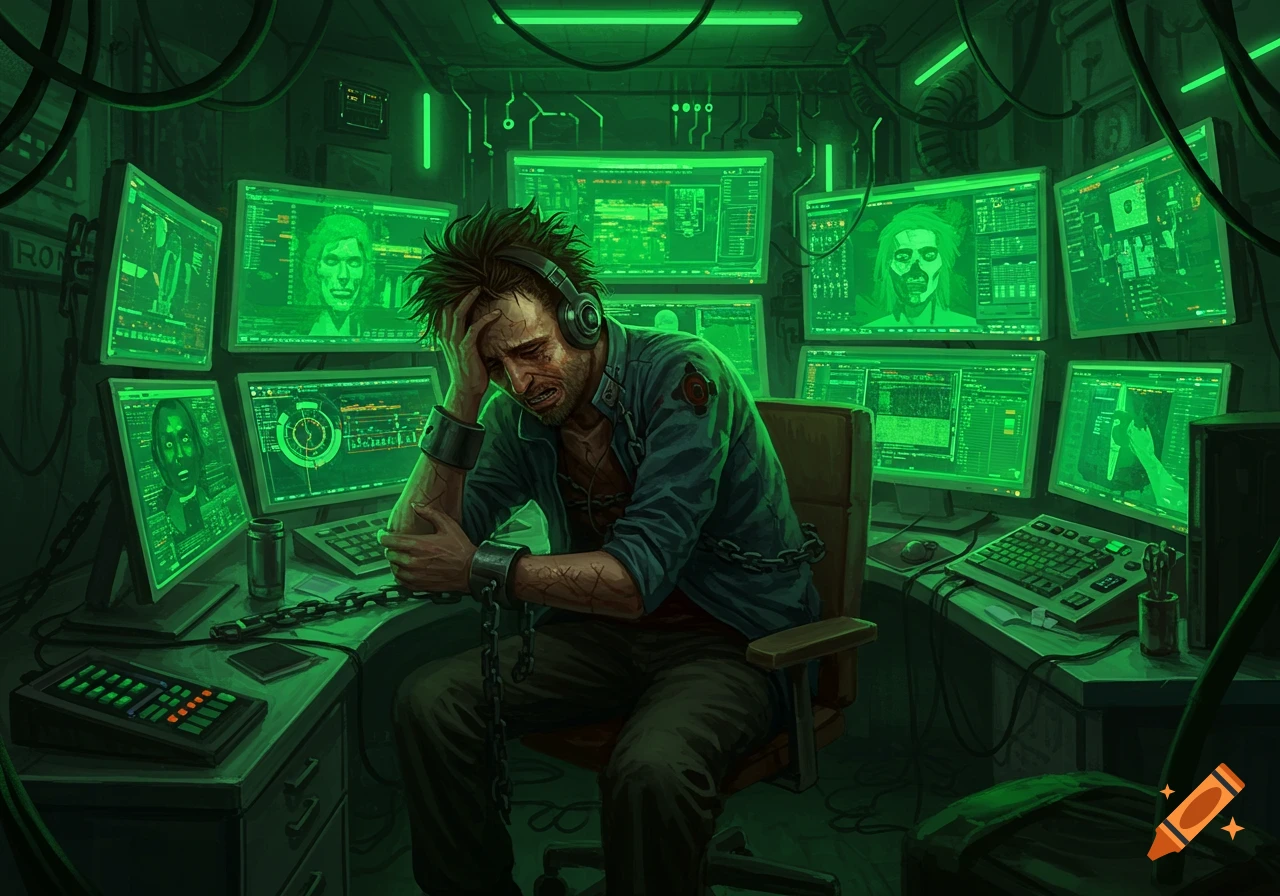 A distraught man with wild hair and headphones, chained to a desk, clutches his head in a messy, wire-filled room with glowing green computer screens, in a detailed digital art style.
