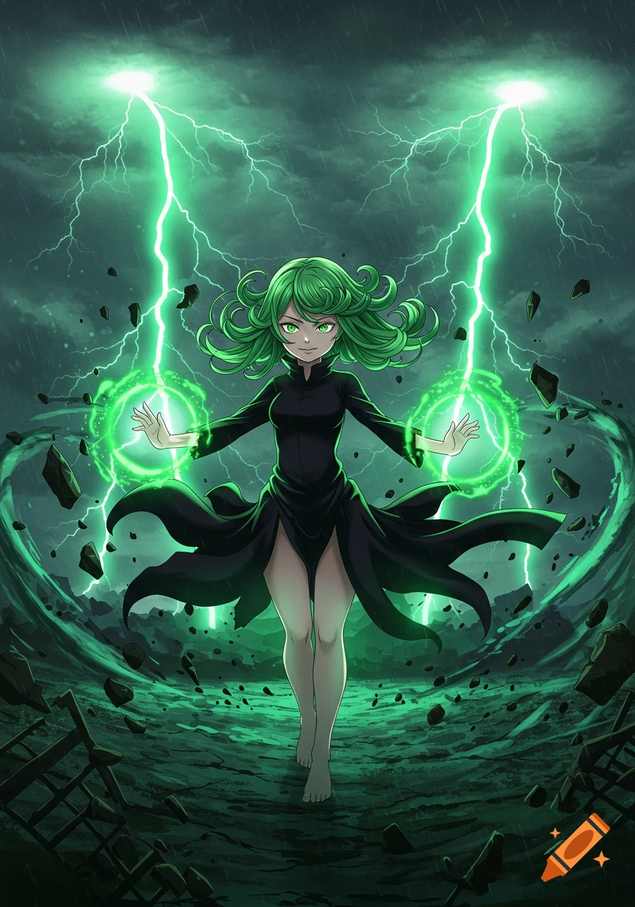 An anime illustration of Tatsumaki unleashing green psychic energy and lightning in a stormy landscape with floating rocks.