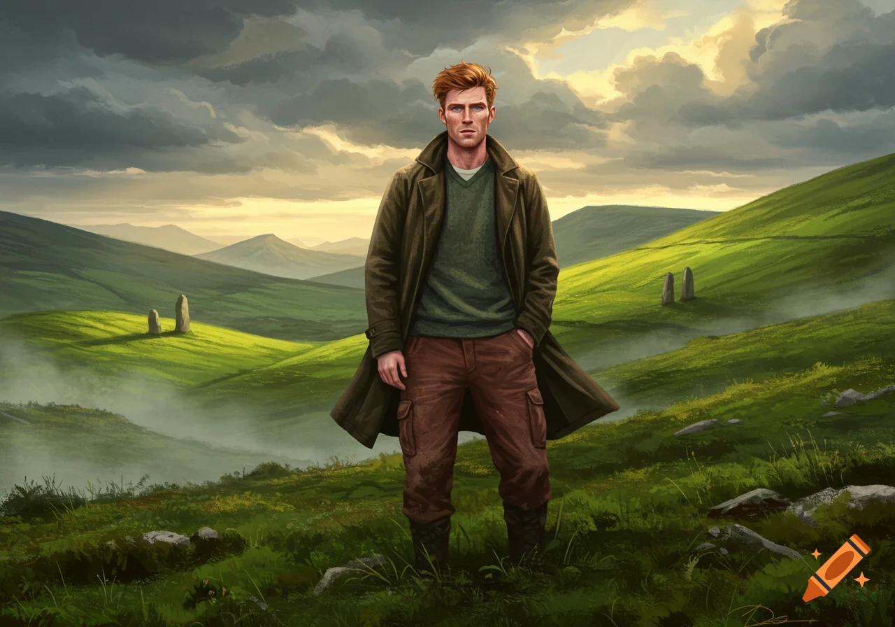 A ginger man in a green sweater and brown coat stands in a lush green, misty valley with standing stones under a cloudy sky.