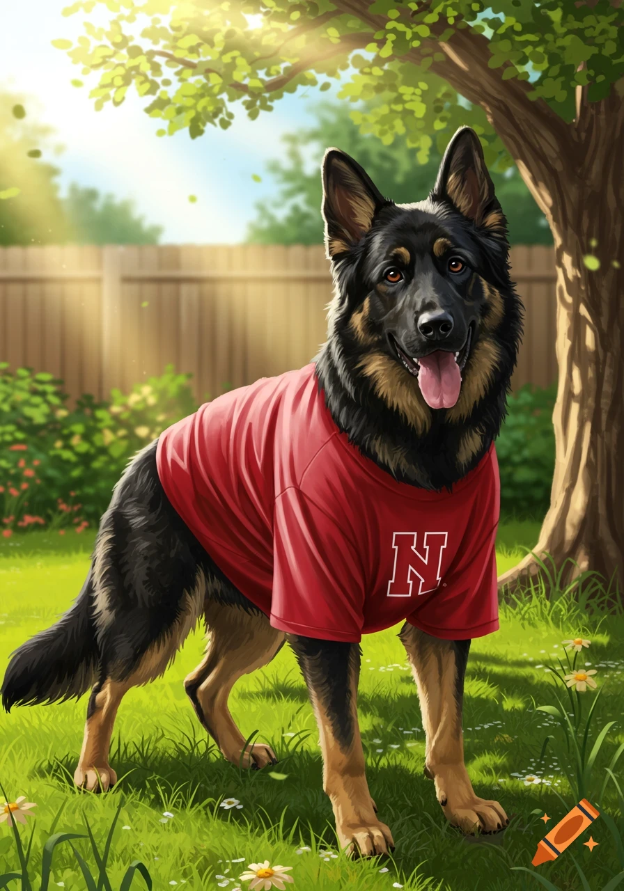 Illustrative black and tan German Shepherd wearing a red t-shirt with a white 'N', standing in a sunny backyard with grass and a fence.
