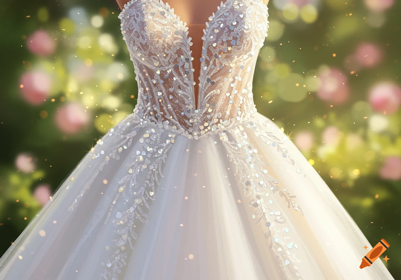 A white wedding gown with a sheer, heart-shaped, sequined bodice and a full skirt, set against a blurry green and pink background with sparkling lights.