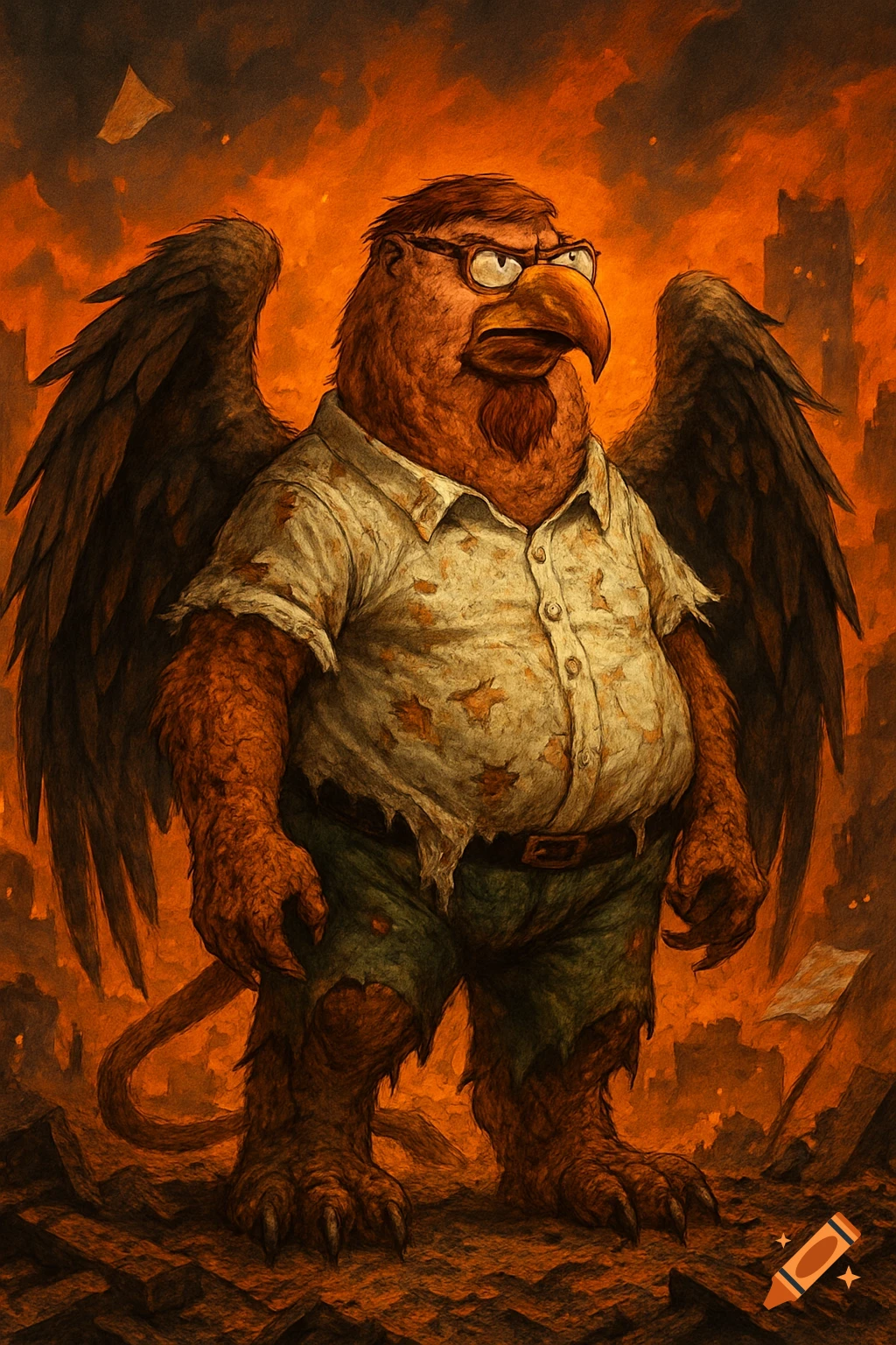 A monstrous, griffin-like Peter Griffin, with wings and a beak, stands in torn clothes amidst a fiery, destroyed landscape, in a dark fantasy style.
