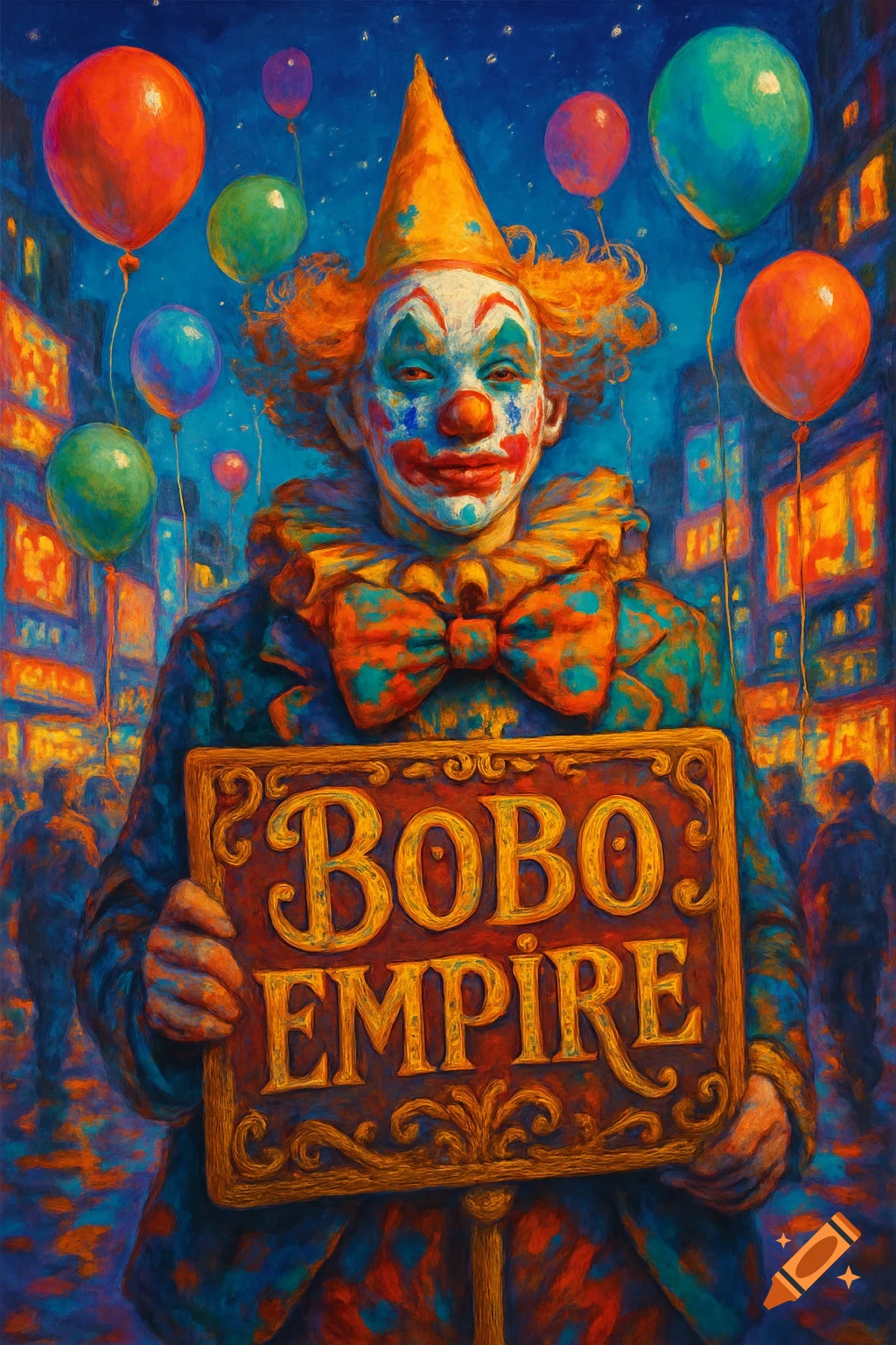 A vibrant, painterly image of a clown in a party hat holding a sign that reads 'BOBO EMPIRE' on a city street at night with balloons.