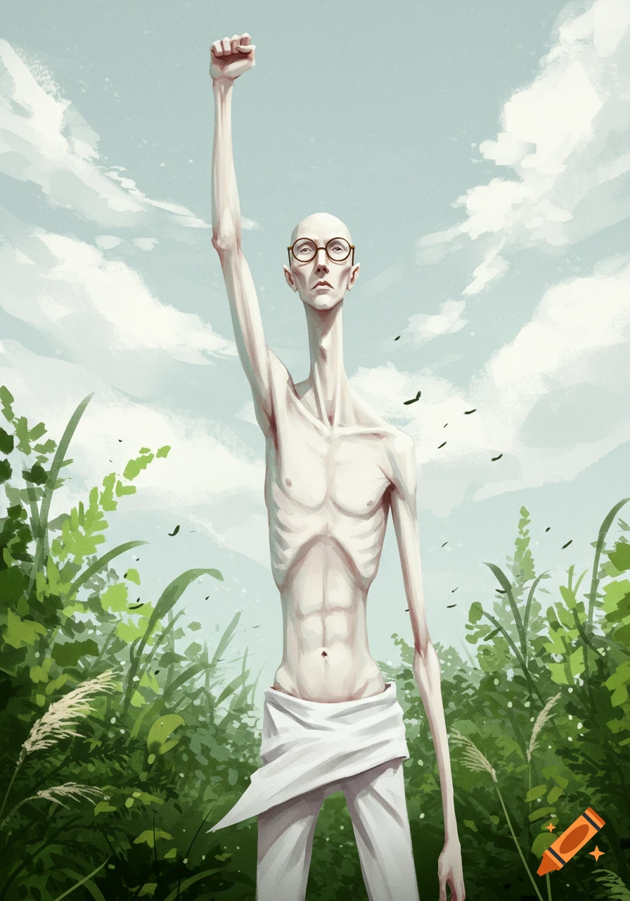 A tall, bald, extremely thin man with glasses, wearing white pants, stands in a field with his right fist raised to the sky, in a stylized illustration.