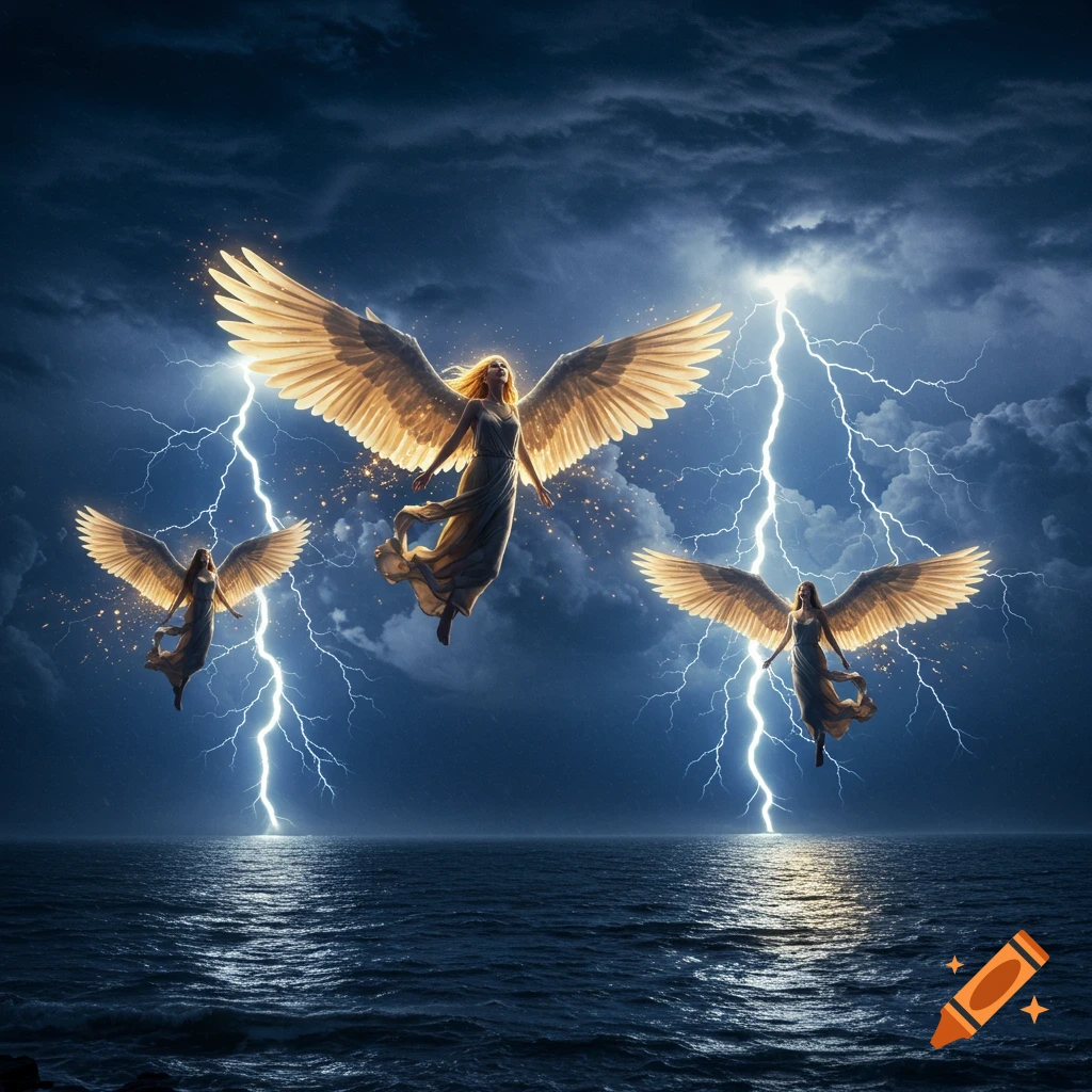 Three female angels with glowing wings fly above a stormy sea under a dark, lightning-filled night sky, in a fantasy art style.