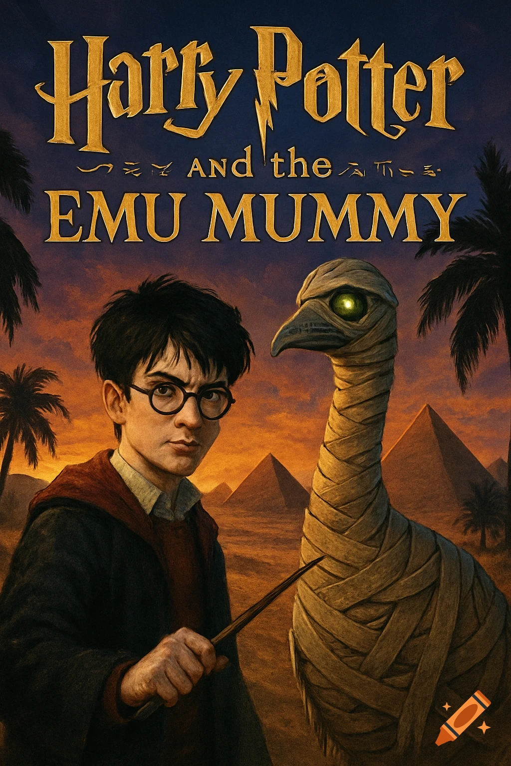 Harry Potter and a mummified emu stand in a desert with pyramids at sunset, designed as a book cover.