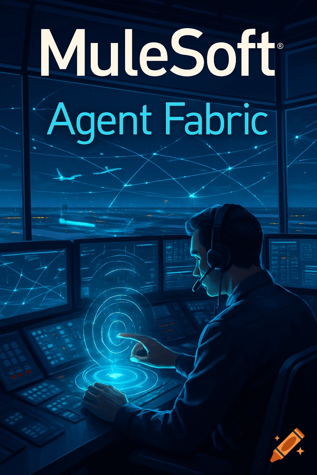 An air traffic controller in a dark control tower, with 'MuleSoft Agent Fabric' text above, monitoring digital screens and airport activity.