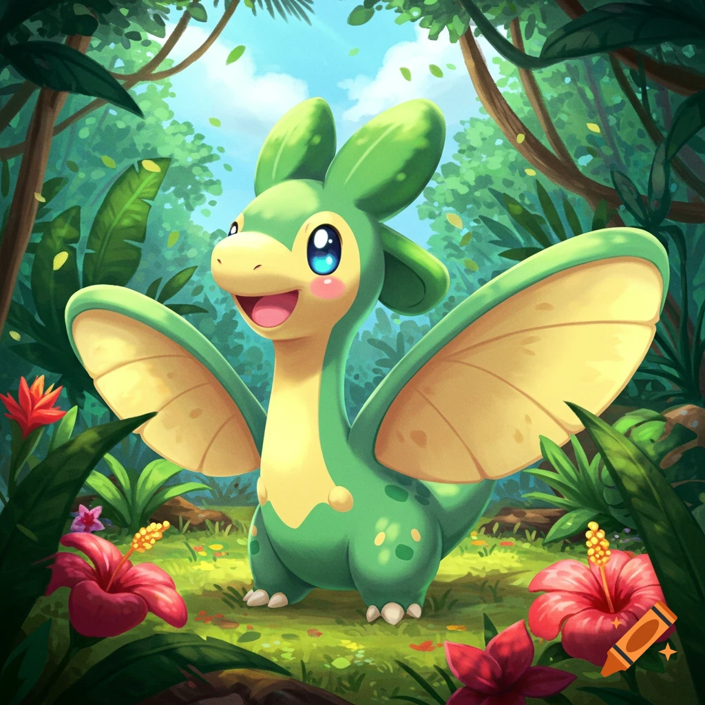 A cute, chibi green dragon-like Pokemon with large wings stands in a vibrant jungle, surrounded by tropical plants and red flowers.